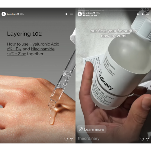 Two images are shown. The left image features a dropper applying a skincare product to a hand, with text about layering Hyaluronic Acid and Niacinamide. The right image shows a person holding a bottle of The Ordinary skincare product.